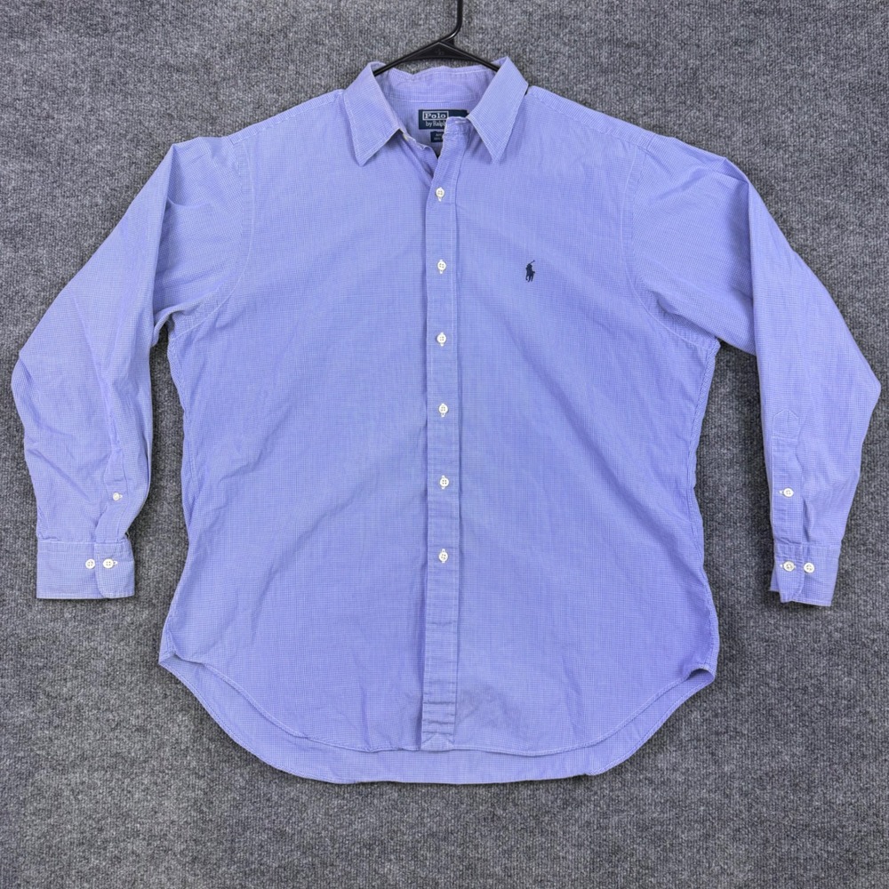Polo Ralph Lauren Andrew Mens 17 34/35 Blue Micro Check Cotton Button Down Shirt